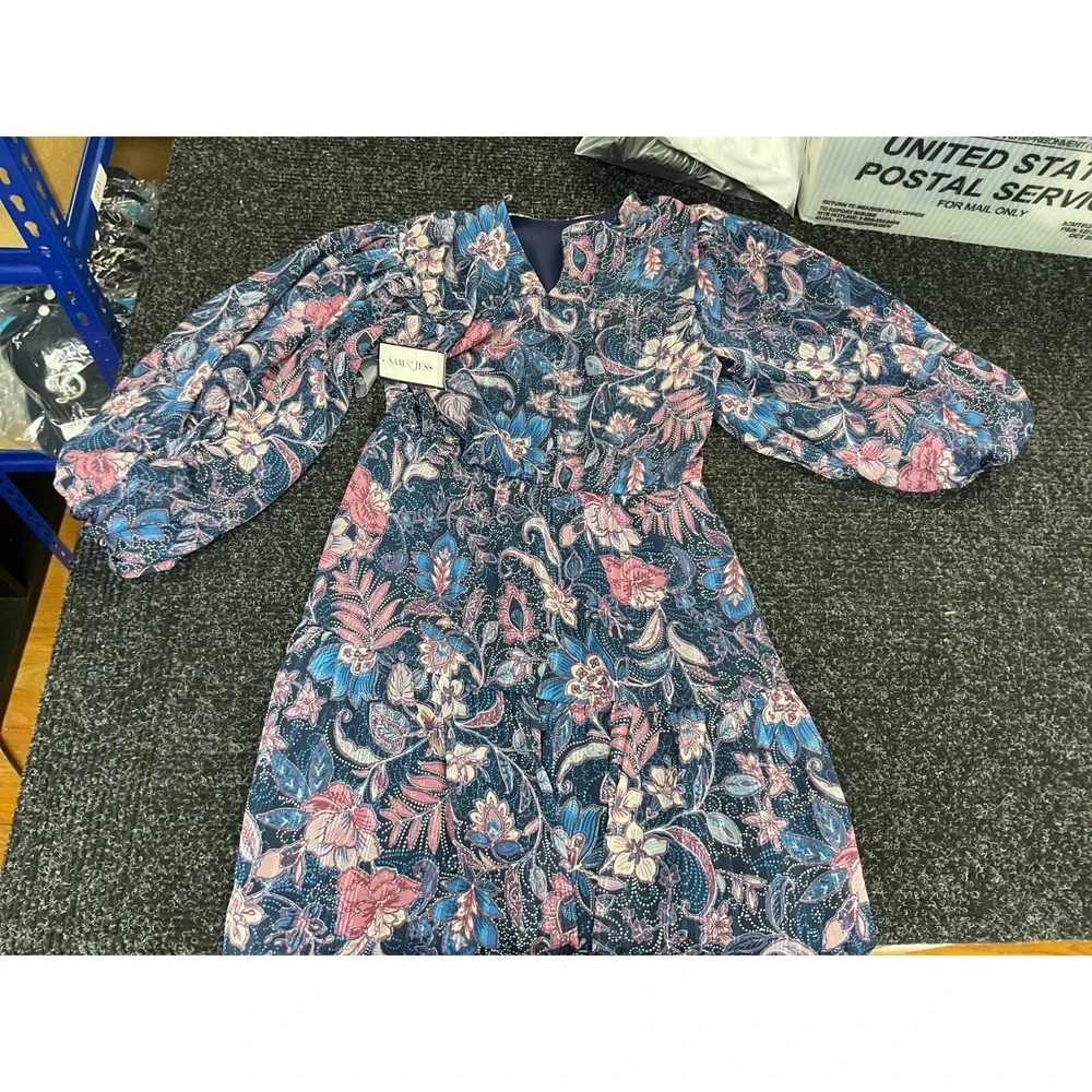 Sami & Jess Floral Long Sleeve Mini Dress Women's Blue Pink Boho Size S - Picture 1 of 3